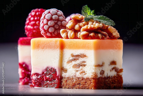 This dessert features a pie with three clear layers of caramel, vanilla cream, and fresh fruit on top. It is placed on a plain surface, ready to be enjoyed during a gathering