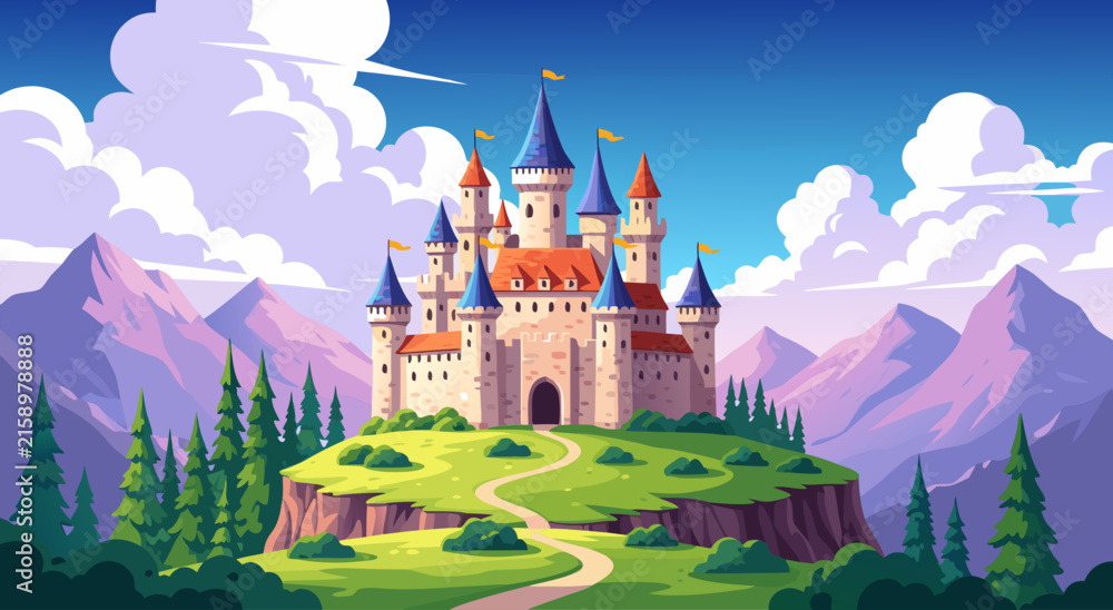 Fototapeta premium A Magical Fairy Tale Castle Standing Atop a Grassy Hill in a Fairytale Kingdom Landscape Digital Illustration for Storybook Visuals and Fantasy Concepts