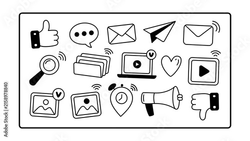 Social media icons collection featuring communication tools like thumbs up speech bubble envelope paper plane email heart play button megaphone clock and more