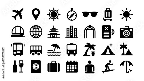 Foto Travel icons set featuring airplane map sun compass sunglasses suitcase globe te