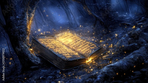 Enchanted book glowing with light in a dark forest