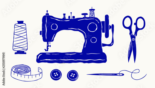 Obraz na plátne Blue sewing machine and dressmaking tools illustration on white background