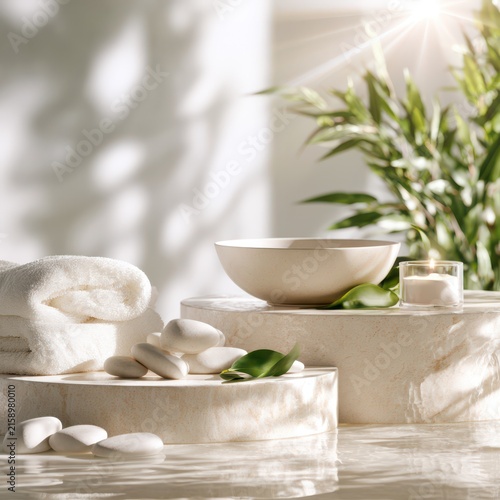 Spa Still Life with Natural Soap, Rolled White Towel, Fresh Green Herbs, Rosemary and Basil Leaves for Relaxation, Wellness and Aromatherapy on a Clean White Background