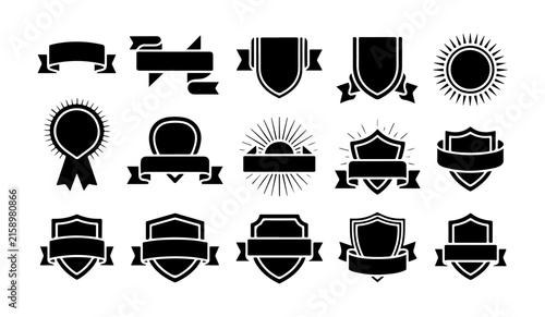 Black shield and ribbon design elements set for badges, logos, and emblems, with a classic, vintage feel.