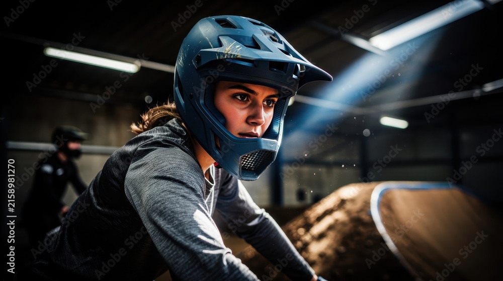 Fototapeta premium Female mountain biker wearing a full-face helmet in an indoor park. Determined athlete preparing for a race on a dirt pump track. Extreme sports concept, ideal for fitness and adventure marketing.