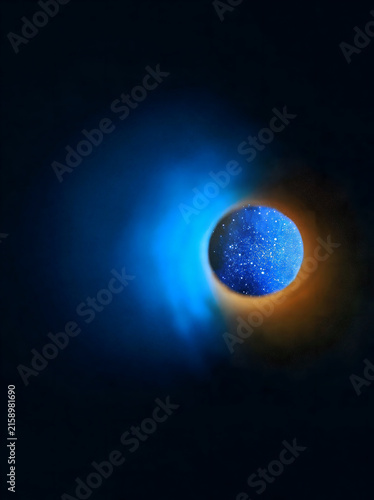 Glowing Blue Exoplanet with Rings Floating in a Colorful Nebula