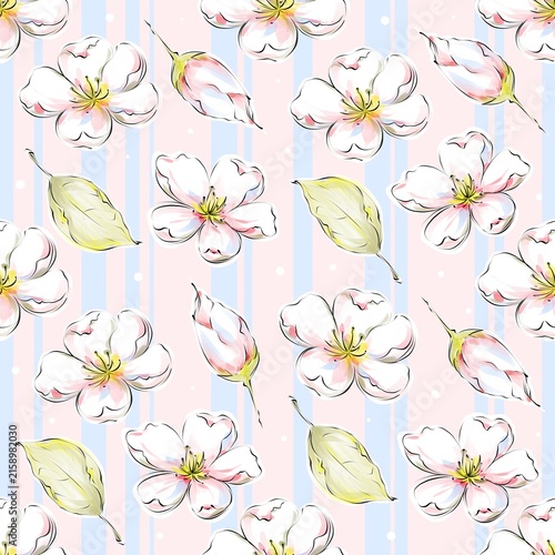 Delicate floral pattern, Light and airy floral pattern, watercolor flowers and blooming buds in soft gentle tones, romantic and elegant seamless floral design