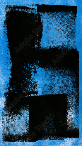 Abstract Black Ink Roller Print Texture on Blue Paper Background Artwork