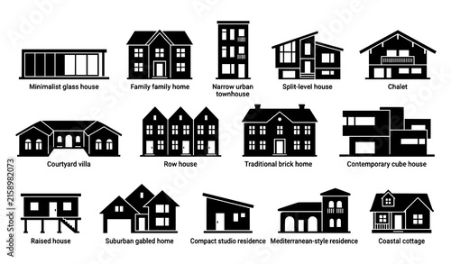 Residential architecture black vector symbol set featuring diverse home styles and building designs