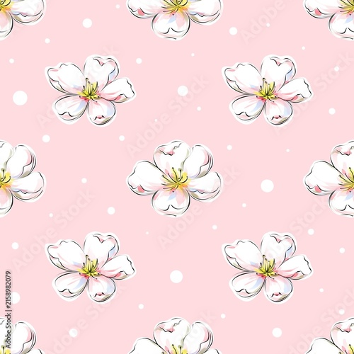 Delicate floral pattern, Light and airy floral pattern, watercolor flowers and blooming buds in soft gentle tones, romantic and elegant seamless floral design on pink background
