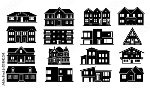 House types and residential building black vector silhouette collection for architecture and real estate