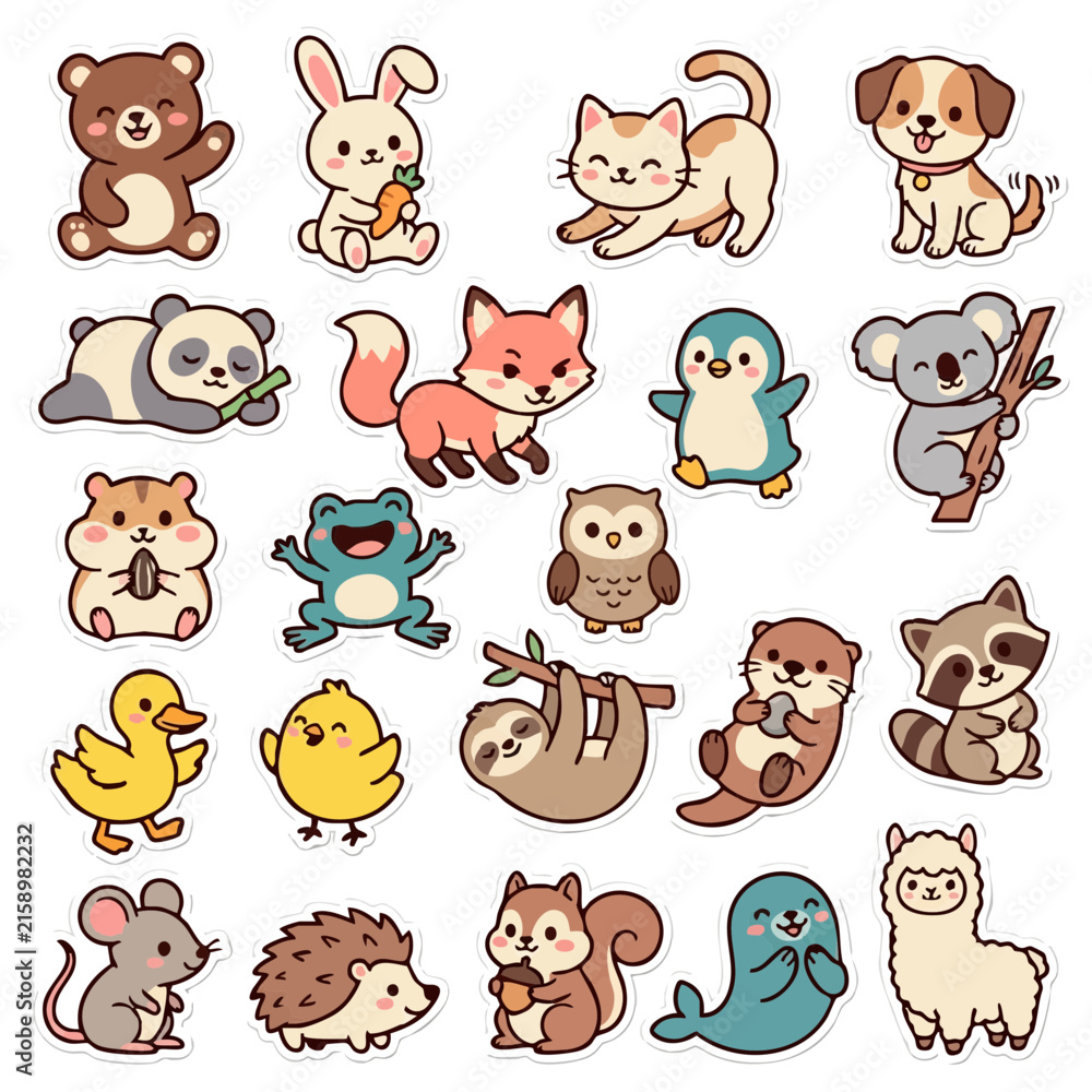 Naklejka premium Kawaii animal sticker set with cute forest and zoo creatures in vector illustration style