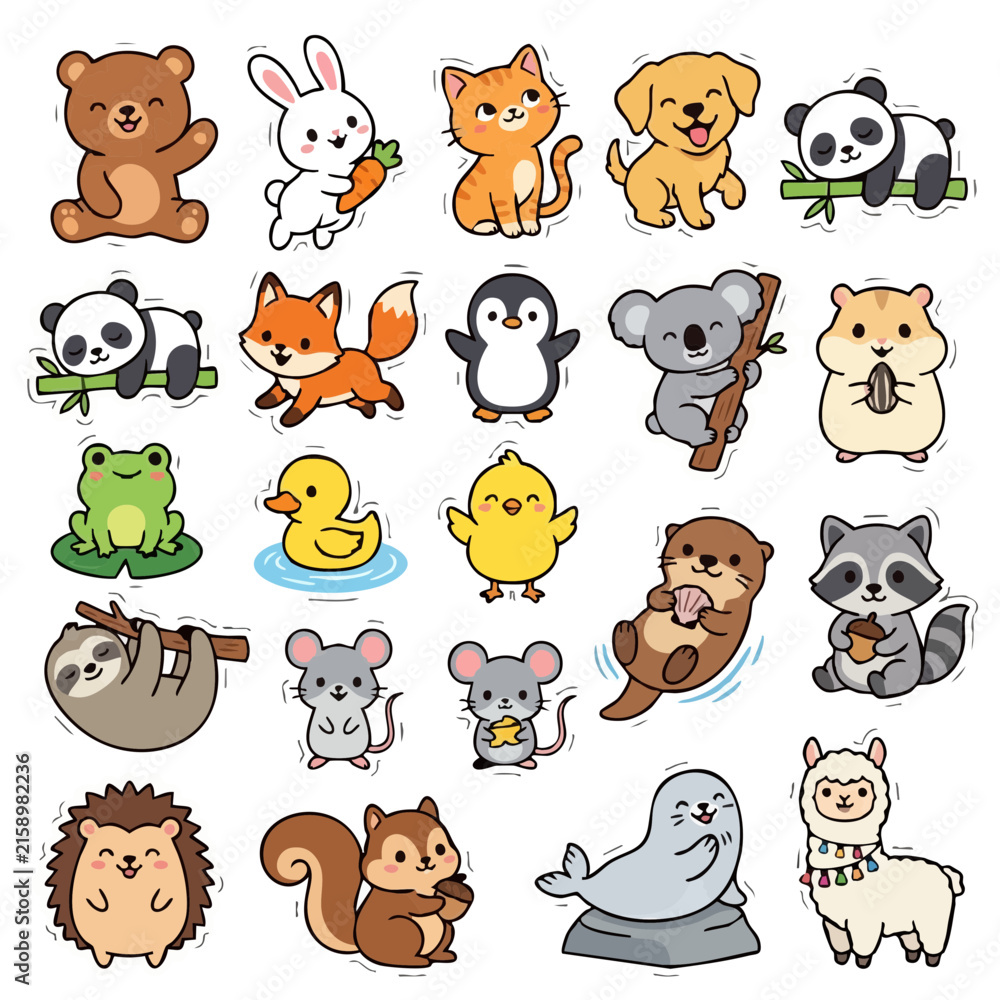 Fototapeta premium Kawaii animal sticker set with cute forest and zoo creatures in vector illustration style