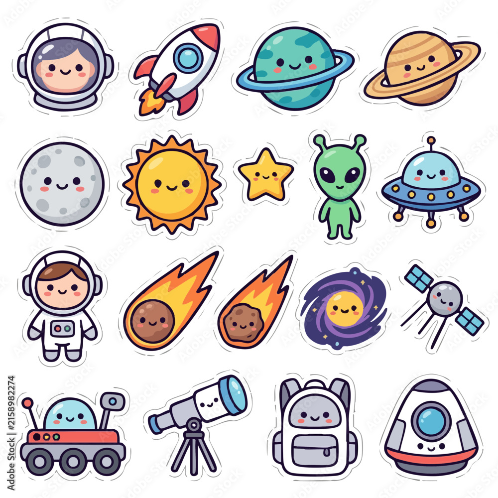 Fototapeta premium Cute Space Sticker Bundle Vector Illustration with Planets Astronauts and Rocket Icons