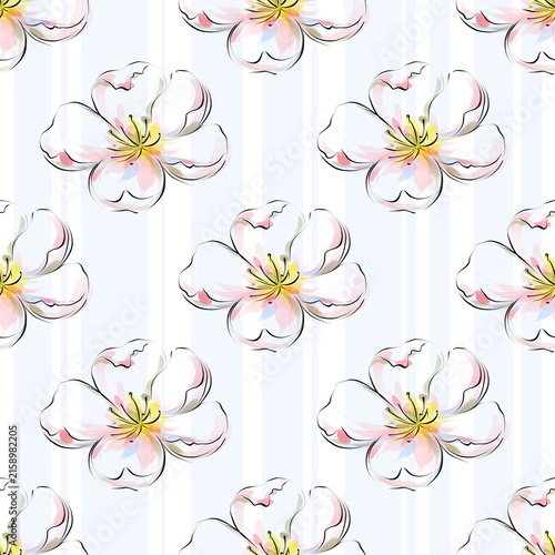 Delicate floral pattern, Light and airy floral pattern, watercolor flowers and blooming buds in soft gentle tones, romantic and elegant seamless floral design