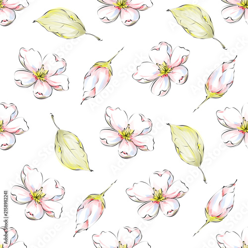 Delicate floral pattern, Light and airy floral pattern, watercolor flowers and blooming buds in soft gentle tones, romantic and elegant seamless floral design