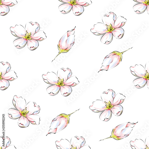 Delicate floral pattern, Light and airy floral pattern, watercolor flowers and blooming buds in soft gentle tones, romantic and elegant seamless floral design