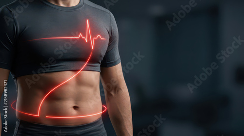 Metabolic syndrome concept with glowing heartbeat line around male torso suggests cardiovascular health, abdominal fat, fitness assessment and preventive medical care