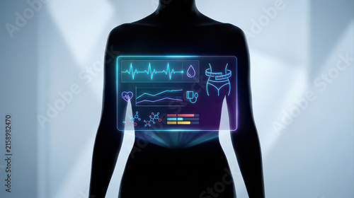Metabolic syndrome health concept featuring human silhouette with glowing medical dashboard, vital signs, abdominal fat, blood glucose and cardiovascular risk visualization