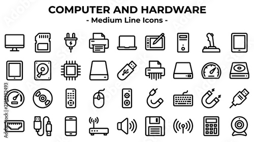 Computer Hardware Line Icons Set Vector Outline Black White