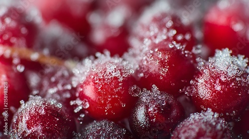 Frozen Red Berries on a Branch Covered in Snow in Winter Nature Macro Close-Up
