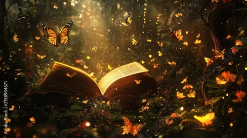 Open book with butterflies in a magical forest scene