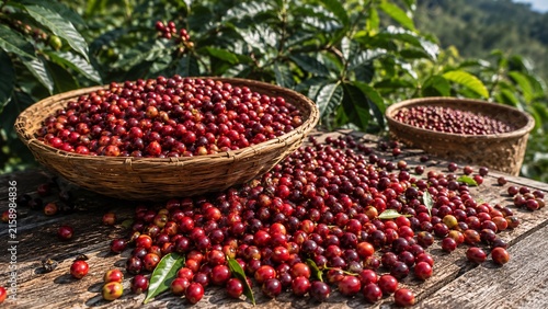 Fresh Coffee Cherries After Harvest on Rustic Farm Table