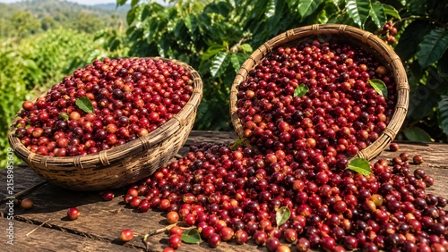 Freshly Harvested Ripe Coffee Cherries in Traditional Baskets