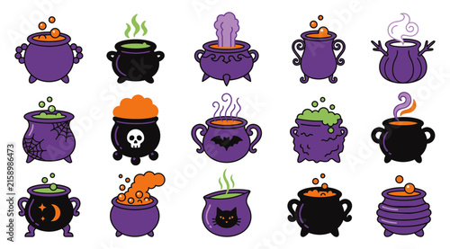 Halloween witch cauldron icon collection featuring boiling magical potions glowing green brews skull motifs spooky symbols in vector style cauldron halloween isolated