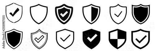 Set of security shield icons and symbols with checkmarks in black and white outline style for web, app, or cybersecurity design