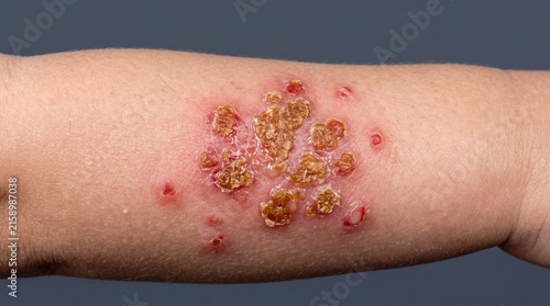 Close up of impetigo skin infection with typical honey colored crusts and red sores