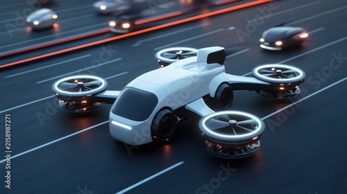 Flying car on highway futuristic transportation