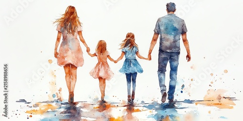 Watercolor painting of a family of four, parents and two daughters, walking handinhand