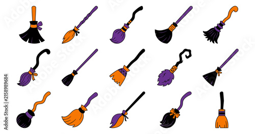 Various hand-drawn halloween witch broomsticks vector set featuring purple orange and black spooky design broomstick halloween handdrawn collection illustration