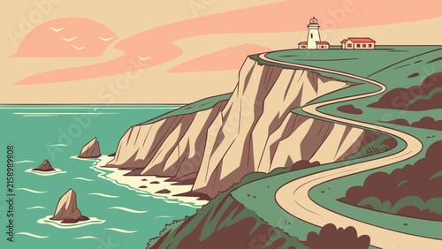 Retro coastal landscape with lighthouse on cliff and winding road illustration