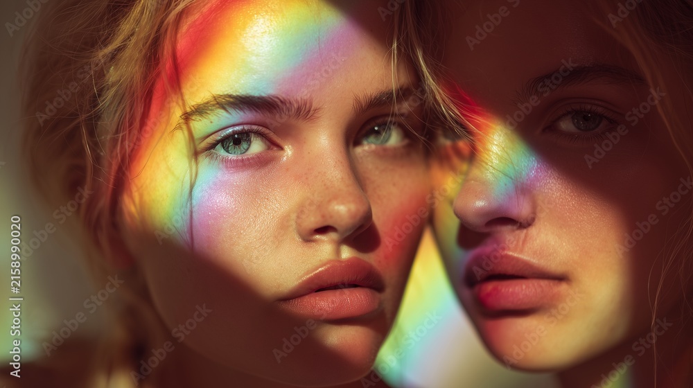 Obraz premium Young female couple portrait with soft rainbow prism light, romantic relationship