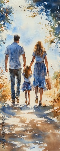 Watercolor painting of a family of four, parents and two daughters, walking handinhand