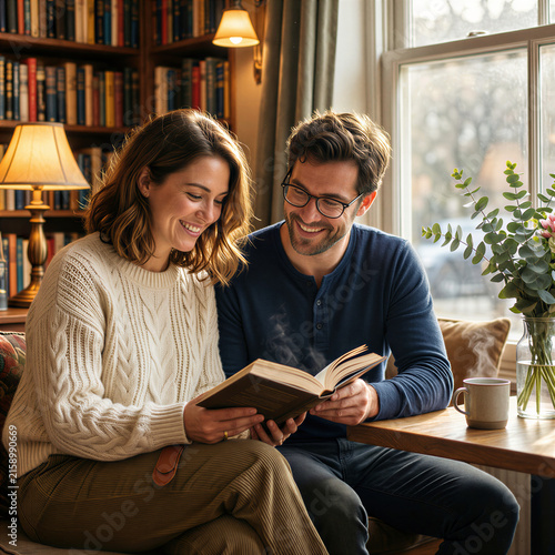Two joyful people with distinctive features sitting together and sharing quiet contentment while reading a book in a warm sunlit bookstore cafe