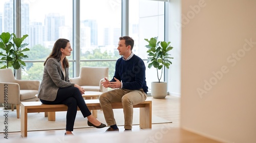 Two business colleagues having a professional discussion on a wooden bench in a modern bright office lobby with city view