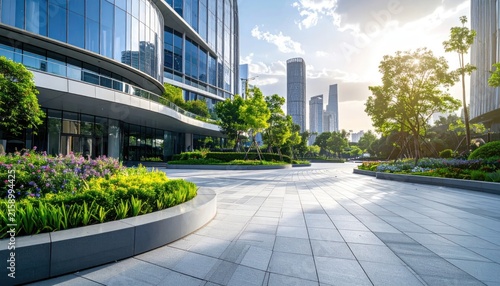 Contemporary office building with lush landscaped green gardens.