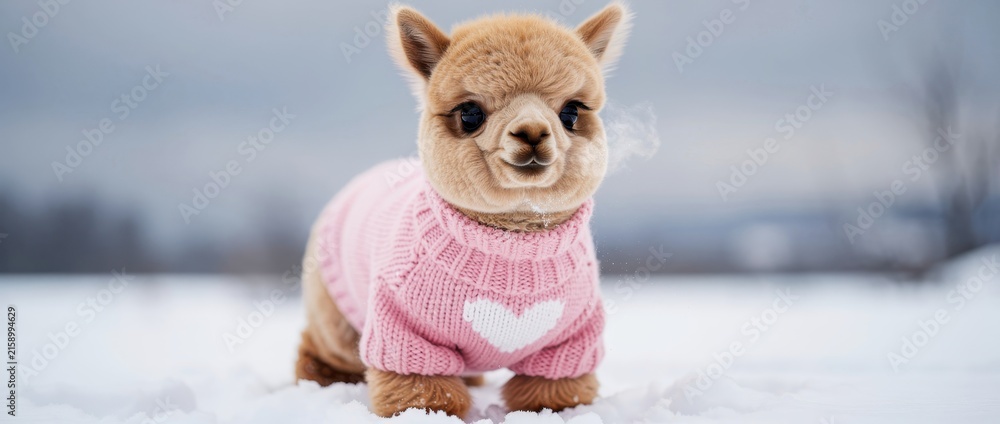 Naklejka premium Cute baby alpaca wearing a pink knitted sweater standing in the snow. Adorable fluffy animal in winter landscape with visible breath. Whimsical winter wildlife concept for holiday marketing.