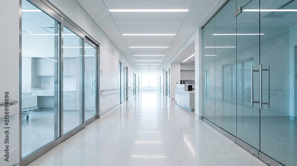 Fototapeta premium Modern hospital hallway featuring sterile bright lighting and glass partition doors for medical facility corridor showcasing clean clinical healthcare workspace.
