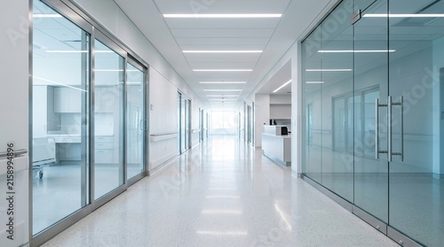 Modern hospital hallway featuring sterile bright lighting and glass partition doors for medical facility corridor showcasing clean clinical healthcare workspace.