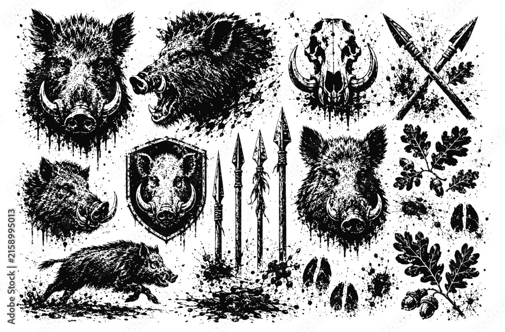 Obraz premium Wild boar and spear illustrations black ink animal heads, skulls, spears, leaves, and hoof prints set