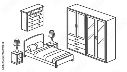 Isometric bedroom furniture elements line vector set illustration with furniture