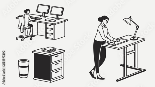 Office workspace furniture collection with computers desks chair storage