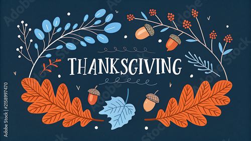 Happy Thanksgiving Greeting Card Background with Fall Autumn Floral Leaves and Acorns