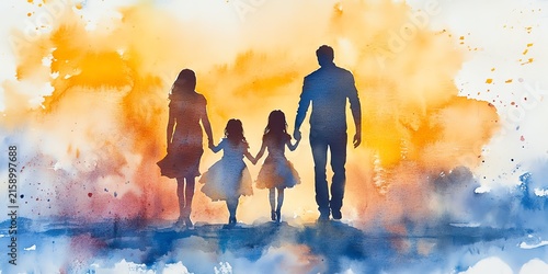 Watercolor painting of a family of four, parents and two daughters, walking handinhand