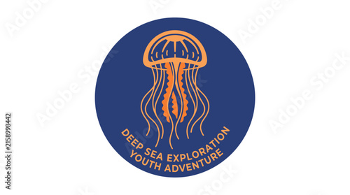 Orange jellyfish graphic inside blue circular badge with deep sea exploration text