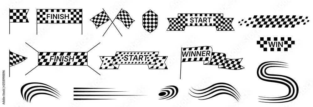Fototapeta premium Collection of black and white racing checkered flags, finish line symbols, waving banners and dynamic speed motion elements isolated on white background. Motorsport and competition design elements.
